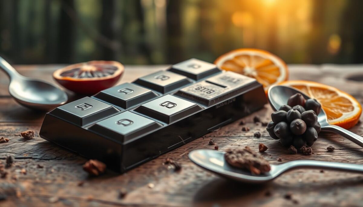A shiny, semi-sweet dark chocolate bar resting on a rustic wooden surface, surrounded by antique silver spoons, cacao pods, and dried orange slices. The lighting is soft and warm, casting a cozy, indulgent atmosphere. The chocolate's deep, rich hue glistens, enticing the viewer to imagine its decadent flavor. In the background, a blurred forest landscape provides a serene, natural backdrop, hinting at the wholesome benefits of this delectable treat. The overall composition evokes a sense of luxurious, guilt-free pleasure, perfectly capturing the essence of "Dark Chocolate Delights". A shiny, semi-sweet dark chocolate bar resting on a rustic wooden surface, surrounded by antique silver spoons, cacao pods, and dried orange slices. The lighting is soft and warm, casting a cozy, indulgent atmosphere. The chocolate's deep, rich hue glistens, enticing the viewer to imagine its decadent flavor. In the background, a blurred forest landscape provides a serene, natural backdrop, hinting at the wholesome benefits of this delectable treat. The overall composition evokes a sense of luxurious, guilt-free pleasure, perfectly capturing the essence of "Dark Chocolate Delights".