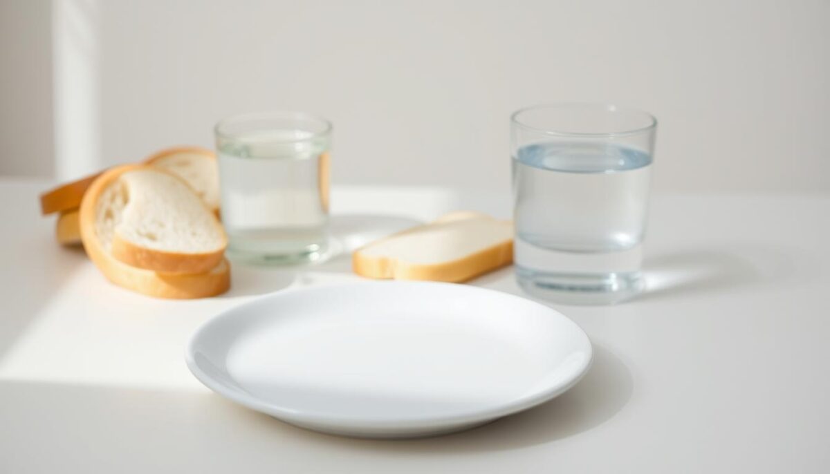 A simple, minimalist table setting with a plain white plate, a glass of water, and a few slices of plain white bread, all illuminated by soft, natural lighting. The background is a soothing, muted color palette, creating a calm and comforting atmosphere. The arrangement conveys a sense of simplicity and nourishment, reflecting the gentle, easily digestible nature of a bland diet for a stomach flu recovery.