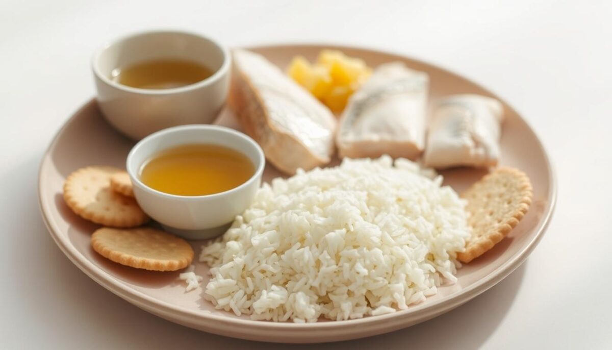 A simple yet nourishing arrangement of bland diet staples on a neutral-colored plate, bathed in soft, natural lighting. In the foreground, a modest serving of plain white rice, a small bowl of unseasoned chicken broth, and a few plain crackers or toasted bread. In the middle ground, a few pieces of steamed, plain white fish and a small portion of unsweetened applesauce. The background features a plain, light-colored table or surface, creating a calming, minimalist atmosphere to soothe an upset stomach.