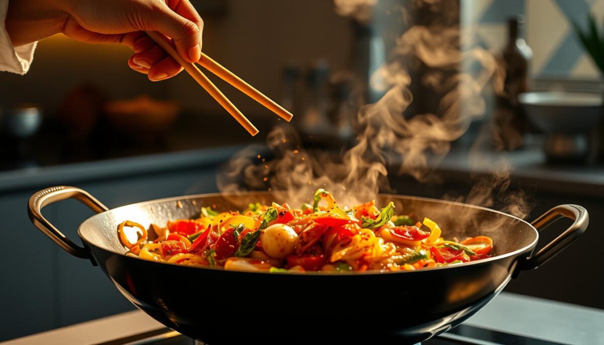 A sizzling wok filled with vibrant vegetables and aromatic spices, illuminated by warm, golden lighting. In the foreground, a chef's hands deftly manipulate chopsticks, skillfully tossing and stirring the ingredients, creating a mesmerizing dance of flavors. The wok's surface glistens with the sheen of flavorful oils, while steam rises in delicate wisps, enveloping the scene in a tantalizing aroma. In the background, a minimalist kitchen setting with clean lines and subtle accents, creating a calm, focused atmosphere for the artful stir-fry techniques on display.