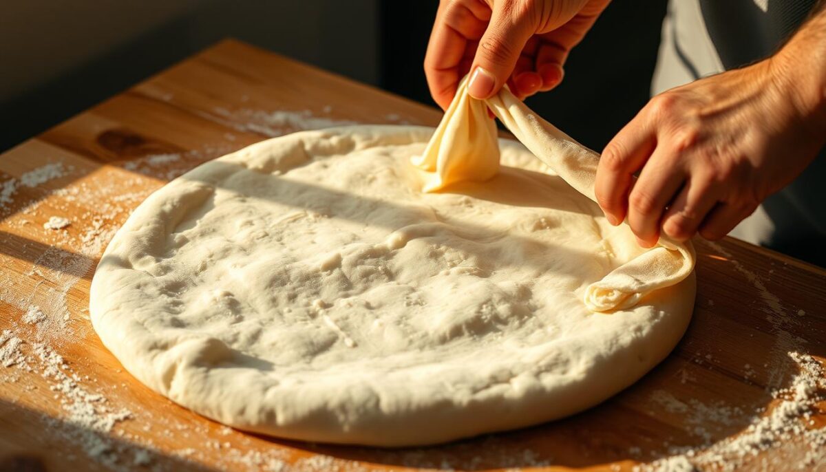 A skilled hand firmly stretching and manipulating fresh, supple pizza dough, the surface smooth and taut, illuminated by warm, natural lighting casting soft shadows. The dough takes shape, expanding into a perfectly round base, ready to be dressed with authentic Neapolitan toppings. The scene captures the artistry and technique required to master pizza shaping, essential for creating the perfect, delectable crust at home.