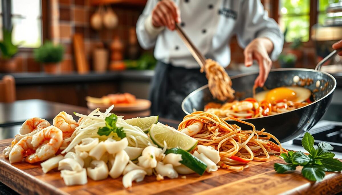 A step-by-step visual journey through the preparation of authentic Thai pad thai. In the foreground, a wooden cutting board showcases freshly chopped ingredients: plump shrimp, crisp bean sprouts, aromatic garlic, and fresh lime wedges. In the middle ground, a wok sizzles with oil, as the chef meticulously stirs in rice noodles, tamarind sauce, and a scrambled egg, creating a harmonious fusion of textures and flavors. In the background, a Thai-style kitchen setting with terracotta tiles, bamboo accents, and natural lighting, evoking the warmth and vibrance of Southeast Asian cuisine. A cinematic, high-contrast composition that captures the essence of the pad thai cooking process with depth, clarity, and an inviting, authentic atmosphere.