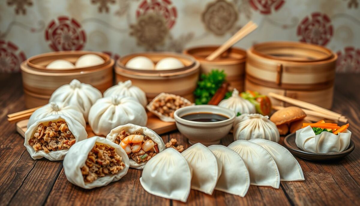A still life arrangement of an assortment of classic Chinese dim sum ingredients artfully displayed on a rustic wooden table. In the foreground, there are freshly prepared steamed buns, dumpling wrappers, and various fillings like ground pork, shrimp, and vegetables. The middle ground showcases bamboo steamers, chopsticks, and a small ceramic dipping sauce dish. In the background, a subtle backdrop of traditional Chinese patterns and textures creates a warm, inviting atmosphere. The lighting is soft and diffused, highlighting the vibrant colors and textures of the ingredients, conveying the comforting and authentic essence of homemade Chinese dim sum.