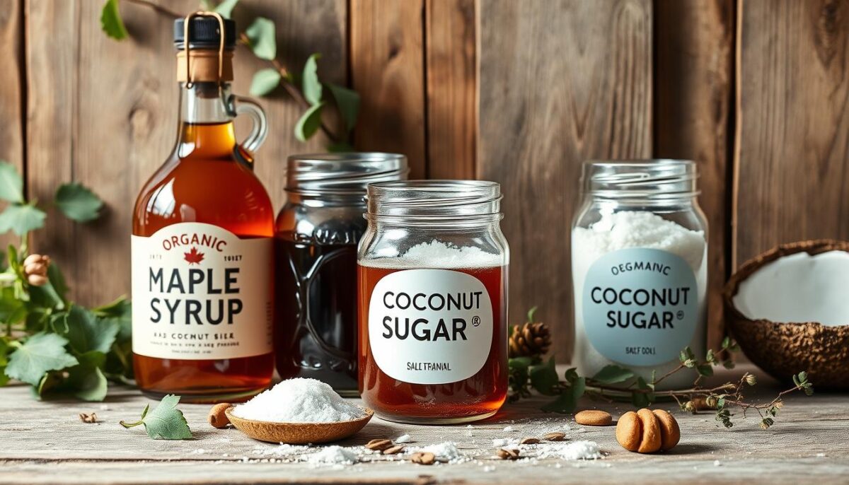 A still life arrangement of organic maple syrup and coconut sugar in rustic glass jars, set against a backdrop of wooden planks and natural greenery. The lighting is soft and natural, casting gentle shadows and highlighting the rich hues of the sweeteners. The composition is balanced, with the jars positioned in the foreground, surrounded by complementary elements like leaves, twigs, and a few scattered baking ingredients. The overall mood is warm, earthy, and inviting, evoking a sense of wholesome, homemade baking.