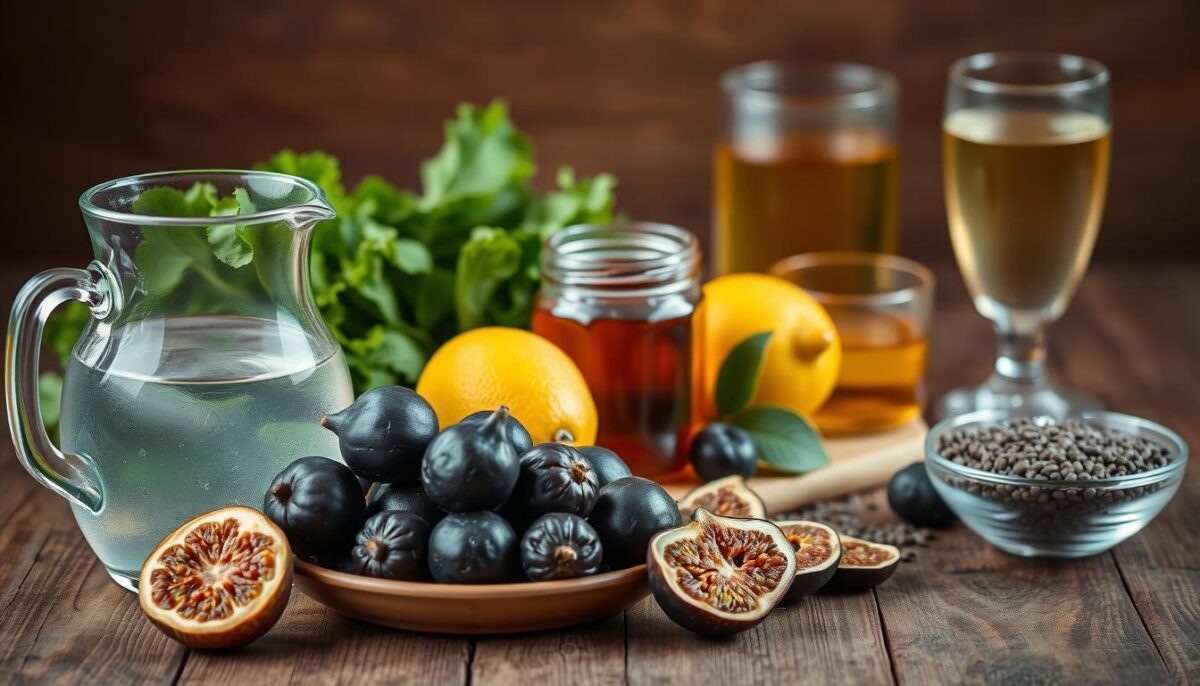 A still life arrangement showcasing an assortment of natural laxatives and hydrating liquids on a rustic wooden table. In the foreground, a glass pitcher filled with water, a bundle of fresh leafy greens, and a plate of prunes. In the middle ground, a jar of honey, a lemon, and a handful of dried figs. In the background, a glass of herbal tea and a bowl of chia seeds. Soft, natural lighting illuminates the scene, creating a soothing, earthy atmosphere. The composition emphasizes the symbiotic relationship between hydration and natural laxatives for improved digestion.