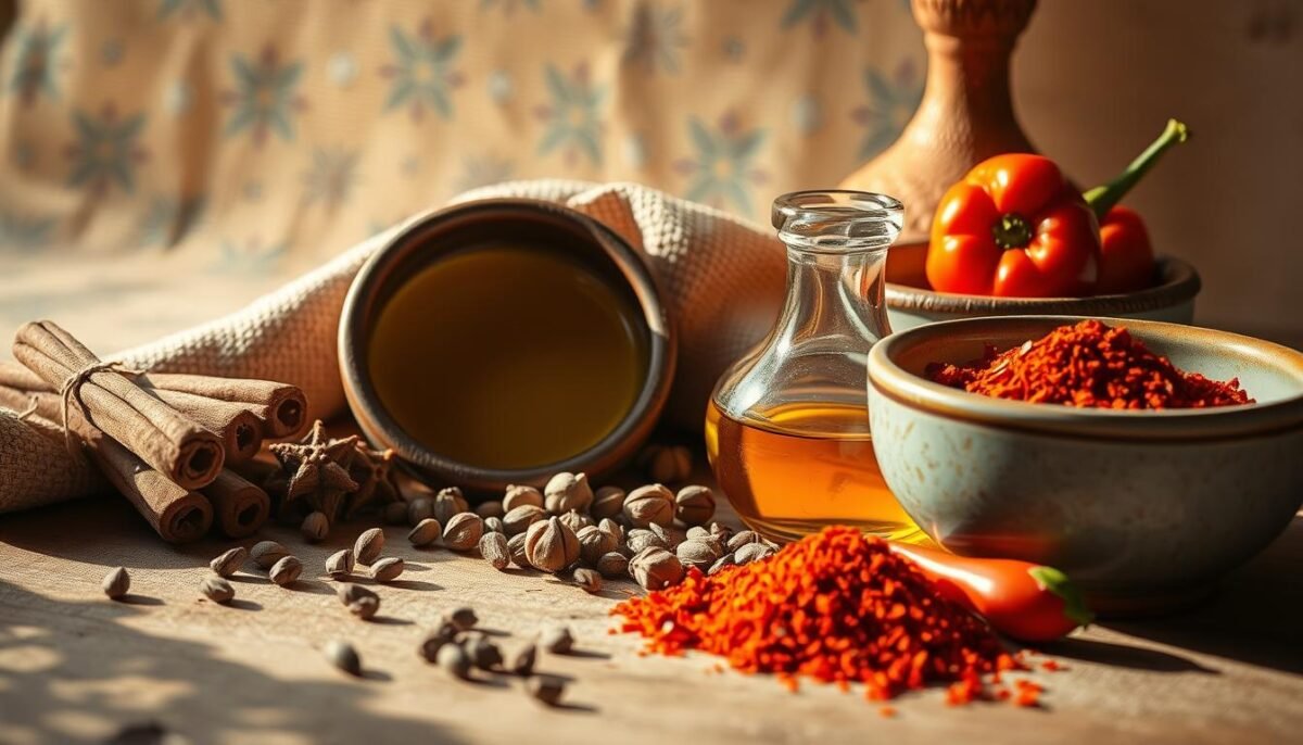 A still life arrangement showcasing the essential ingredients of Syrian cuisine - golden olive oil, whole spices like cinnamon sticks, cumin seeds, cardamom pods, and vibrant paprika. The scene is bathed in warm, golden light, casting soft shadows across the textured surfaces of the ceramic bowls and dishes. In the background, a subtly patterned fabric, perhaps a traditional Syrian textile, creates a rich, earthy backdrop. The overall composition evokes the comforting, aromatic flavors and traditions of Middle Eastern cooking.