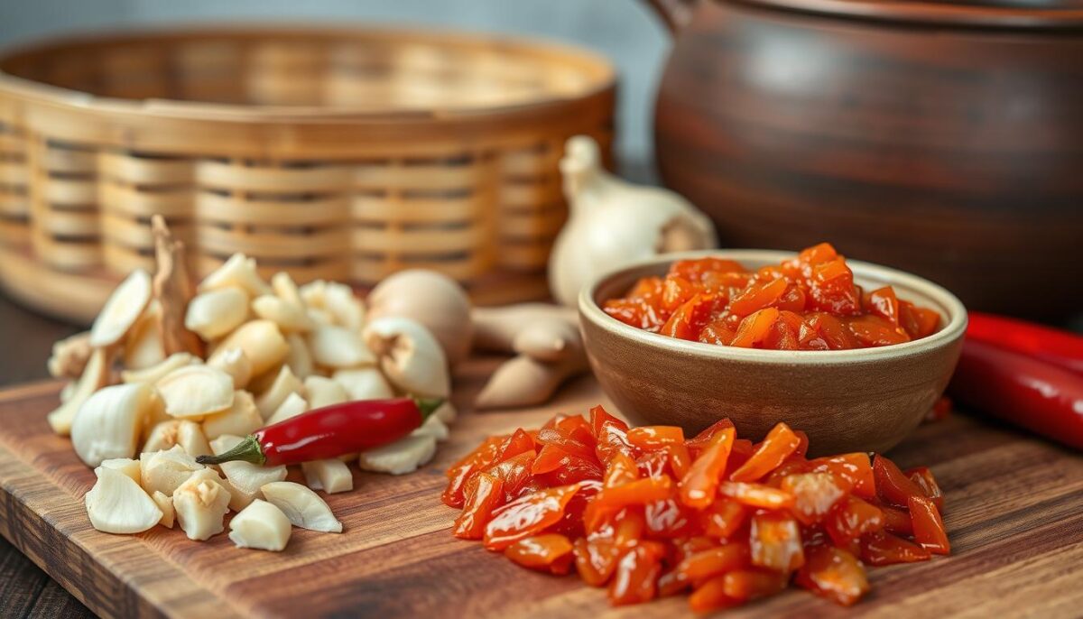 A still life arrangement showcasing the key ingredients for authentic Korean kimchi paste. In the foreground, a wooden cutting board holds a pile of crushed garlic cloves, ginger slices, and red chili peppers. In the middle ground, a small ceramic bowl is filled with the deep red, pungent kimchi paste, its thick texture evident. In the background, a bamboo steamer basket and a traditional Korean earthenware pot add cultural context. The lighting is soft and natural, highlighting the rich colors and textures of the ingredients. The composition is balanced and the mood is one of culinary preparation and anticipation.