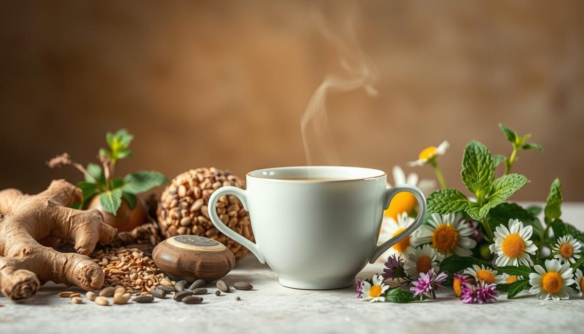 A still life composition depicting an assortment of natural compounds known to aid digestion. In the foreground, arrange an array of botanicals such as ginger root, fennel seeds, peppermint leaves, and chamomile flowers, elegantly lit from the side to accentuate their textures and vibrant colors. In the middle ground, place a delicate ceramic teacup filled with a fragrant herbal infusion, steam gently rising. The background should feature a soothing, earthy palette with soft, hazy lighting to convey a sense of tranquility and wellness. The overall scene should exude a calming, restorative atmosphere suitable for an article on herbal teas that soothe an irritated stomach.