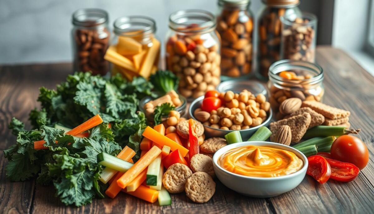 A still life image of an assortment of low-fat, gluten-free snacks artfully arranged on a rustic wooden table, bathed in soft, natural lighting. In the foreground, an array of colorful vegetable crudités, including carrot sticks, cucumber slices, and bell pepper strips, alongside a small bowl of hummus. In the middle ground, a selection of baked kale chips, roasted chickpeas, and gluten-free crackers. In the background, glass jars filled with dried fruit and nuts, such as almonds and apricots, creating a sense of balance and variety. The overall scene evokes a sense of healthy indulgence and mindful snacking, perfect for soothing the stomach.