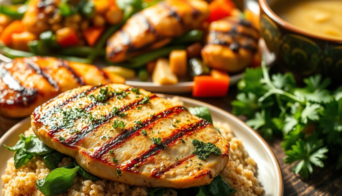 A sumptuous spread of nutrient-dense chicken dishes captured in a warm, inviting light. In the foreground, a succulent grilled chicken breast, drizzled with a vibrant herbal chimichurri sauce, nestled atop a bed of fluffy quinoa and vibrant sautéed spinach. In the middle ground, a hearty chicken and vegetable stir-fry, the chicken seared to perfection, accompanied by a rainbow of crisp, colorful veggies. In the background, a creamy chicken and wild rice soup, its broth brimming with nourishing goodness. The scene exudes a comforting, homemade atmosphere, capturing the essence of satisfying, low-calorie meals that leave you feeling full and energized.