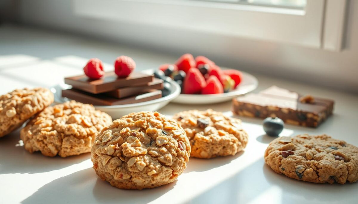 A sun-dappled kitchen counter, adorned with an array of guilt-free cookies and bars. In the foreground, a selection of golden-brown, lightly textured cookies, each a mouthwatering blend of wholesome ingredients like oats, almond flour, and a hint of honey. Beside them, rich, fudgy chocolate bars flecked with chopped nuts and a drizzle of creamy caramel. The middle ground features a plate of ruby-red raspberries and juicy blueberries, adding a pop of color and a touch of sweetness. Soft, diffused lighting casts a warm, inviting glow, creating an atmosphere of healthful indulgence. A minimalist, natural aesthetic pervades the scene, emphasizing the pure, nourishing nature of these guilt-free treats.