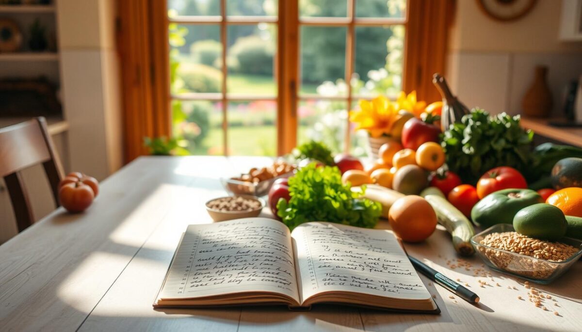 A sun-dappled kitchen table, adorned with a vibrant array of fresh fruits, vegetables, and whole grains. In the foreground, a hand-written journal lies open, its pages documenting the writer's personal journey towards a healthier lifestyle. Through a large window, a picturesque garden scene unfolds, a serene backdrop to this moment of introspection and self-discovery. Warm, soft lighting bathes the scene, creating a sense of comfort and progress. The overall atmosphere exudes a feeling of calm, balance, and a newfound appreciation for the simple pleasures of nourishing the body and mind.