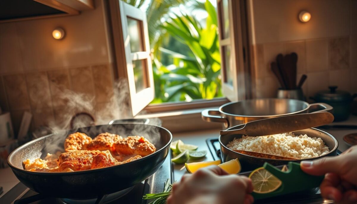 A sun-drenched kitchen countertop, brimming with the tools of Jamaican culinary craft. Juicy chicken thighs sizzle in a cast-iron skillet, their aromatic jerk seasoning wafting through the air. Beside it, a pot of fragrant coconut rice simmers gently, the grains plump and glistening. In the foreground, a nimble hand deftly chops scallions and lime wedges, ready to garnish the final dish. Warm recessed lighting casts a golden glow, while an open window reveals lush tropical greenery beyond. This step-by-step cooking process captures the vibrant essence of Jamaican flavors, inviting the viewer to imagine the satisfying crunch and zesty bite of the finished jerk chicken and coconut rice.