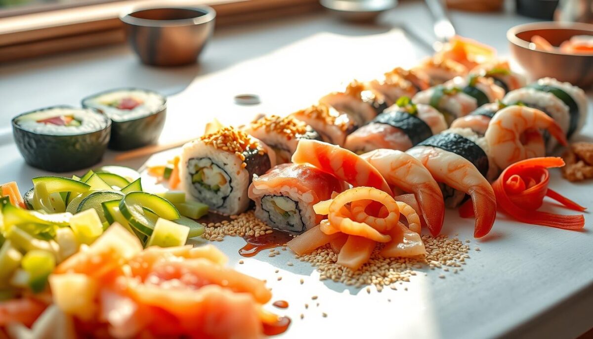 A sunlit, artful arrangement of carefully curated sushi fillings and garnishes. In the foreground, an array of colorful morsels - sliced avocado, crisp cucumber, tender slivers of yellowfin tuna, and plump, succulent shrimp. In the middle ground, a sprinkle of toasted sesame seeds, a drizzle of tangy soy sauce, and vibrant strips of pickled ginger. The background features a clean, minimalist surface, with natural wood accents and a subtle hint of traditional Japanese tableware. Warm, soft lighting illuminates the scene, highlighting the fresh, wholesome ingredients and the infinite possibilities for customizing and flavoring homemade sushi rolls.