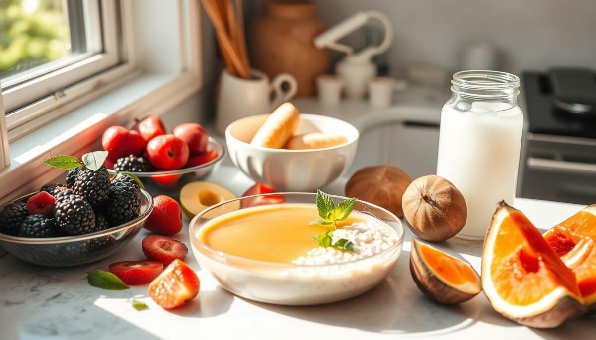 A sunlit kitchen countertop, overflowing with an array of nourishing whole foods - freshly sliced fruits, steaming bone broth, simple yet soothing porridge, and a glass of electrolyte-rich coconut water. The scene exudes a calming, restorative atmosphere, inviting the viewer to imagine themselves on the path to recovery, patiently rebuilding their strength after a bout of illness. Soft, diffused lighting bathes the scene, highlighting the natural textures and vibrant colors of the ingredients. The composition is balanced, with the central focus on the nourishing meal, surrounded by supporting elements that convey a sense of care and mindfulness. This image aims to inspire and guide the viewer towards a gentle, thoughtful approach to restoring their wellbeing.