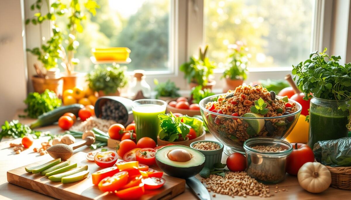 A sunlit kitchen countertop, scattered with an array of fresh, colorful ingredients - herbs, vegetables, grains, and spices. In the foreground, a cutting board holds sliced avocado, tomatoes, and other vibrant produce, ready to be transformed into nourishing, gut-soothing recipes. The middle ground features a large bowl filled with a hearty whole grain salad, accompanied by a glass of freshly squeezed green juice. The background showcases a window overlooking a lush, verdant garden, bathed in warm, golden light, creating a serene, inviting atmosphere. The scene exudes a sense of health, harmony, and culinary creativity, inspiring the viewer to experiment with delicious, anti-inflammatory dishes.