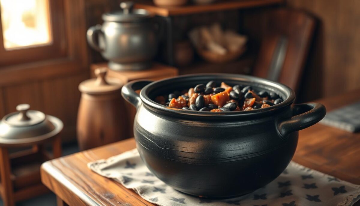 A traditional black bean pot with a rustic, handcrafted aesthetic, sitting atop a wooden table in a cozy, well-lit kitchen. The pot has a deep, glossy ebony exterior and a slightly dented, weathered surface, reflecting its history and authenticity. Inside, the pot is filled with a rich, hearty Brazilian feijoada stew, the black beans glistening and the savory aromas wafting through the air. Warm, golden lighting bathes the scene, creating a inviting, homely atmosphere. The wooden table is adorned with a simple, neutral-toned cloth, allowing the focus to remain on the captivating black bean pot and its delectable contents.