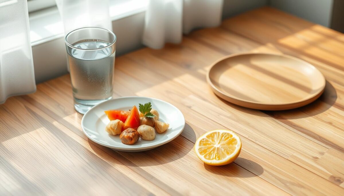 A tranquil still life scene depicting a glass of water, a plate of small, nourishing meals, and a slice of lemon on a wooden table. Soft, natural lighting filters in from the side, casting gentle shadows and highlighting the vibrant colors of the food. The composition is balanced and calming, conveying a sense of ease and soothing comfort for an unsettled stomach. The focus is on the simplicity and wholesomeness of the items, providing a visual representation of the restorative power of a hydrating, gentle diet in alleviating nausea.
