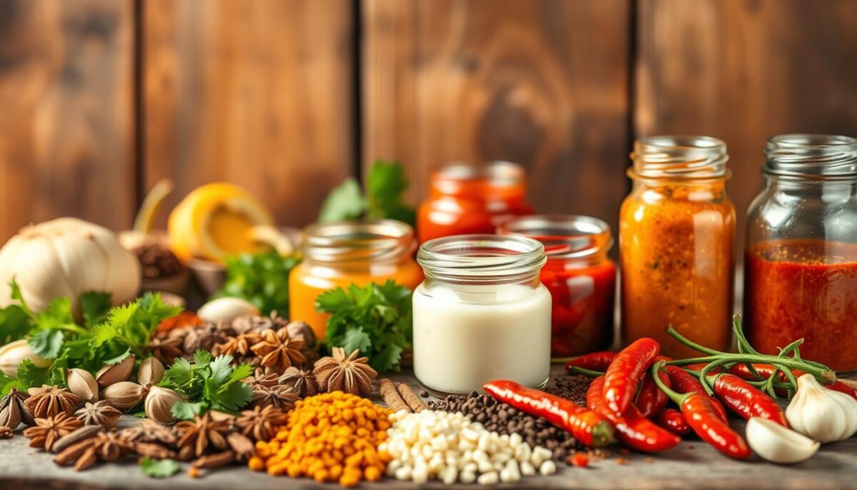 A vibrant and inviting close-up shot of various spices, herbs, and marinades, artfully arranged against a rustic wooden background. The foreground features a selection of whole spices such as cumin, coriander, cardamom, and chili peppers, alongside fragrant chopped cilantro, ginger, and garlic. In the middle ground, several small glass jars contain colorful, aromatic marinades and condiments, including a thick, creamy yogurt-based marinade, a tangy tamarind chutney, and a fiery red chili paste. The background is softly lit with warm, natural lighting, casting a golden glow across the scene and highlighting the textures and colors of the ingredients. The overall mood is one of culinary exploration and the secrets of authentic Indian flavors.