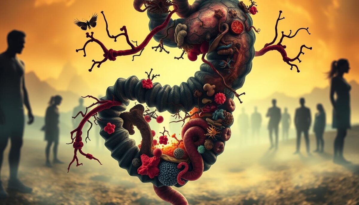 A vibrant and unsettling image showcasing the warning signs of dysbiosis. In the foreground, a twisted, sickly gut depicted with a kaleidoscope of muted, discolored hues, reflecting the disruption of a healthy microbiome. Cascading from this central motif, a collage of symbolic elements - swollen, inflamed intestines, a chaotic tangle of gut bacteria, and visual cues of digestive distress. The middle ground features shadowy silhouettes of human figures, their postures conveying discomfort and unease. The background is a hazy, dreamlike landscape, tinged with an ominous, unearthly glow that heightens the sense of unease. Crisp, high-contrast lighting casts dramatic shadows, amplifying the sense of tension and urgency. The overall composition evokes a sense of disorder, offering a stark visual warning of the consequences of an imbalanced gut.