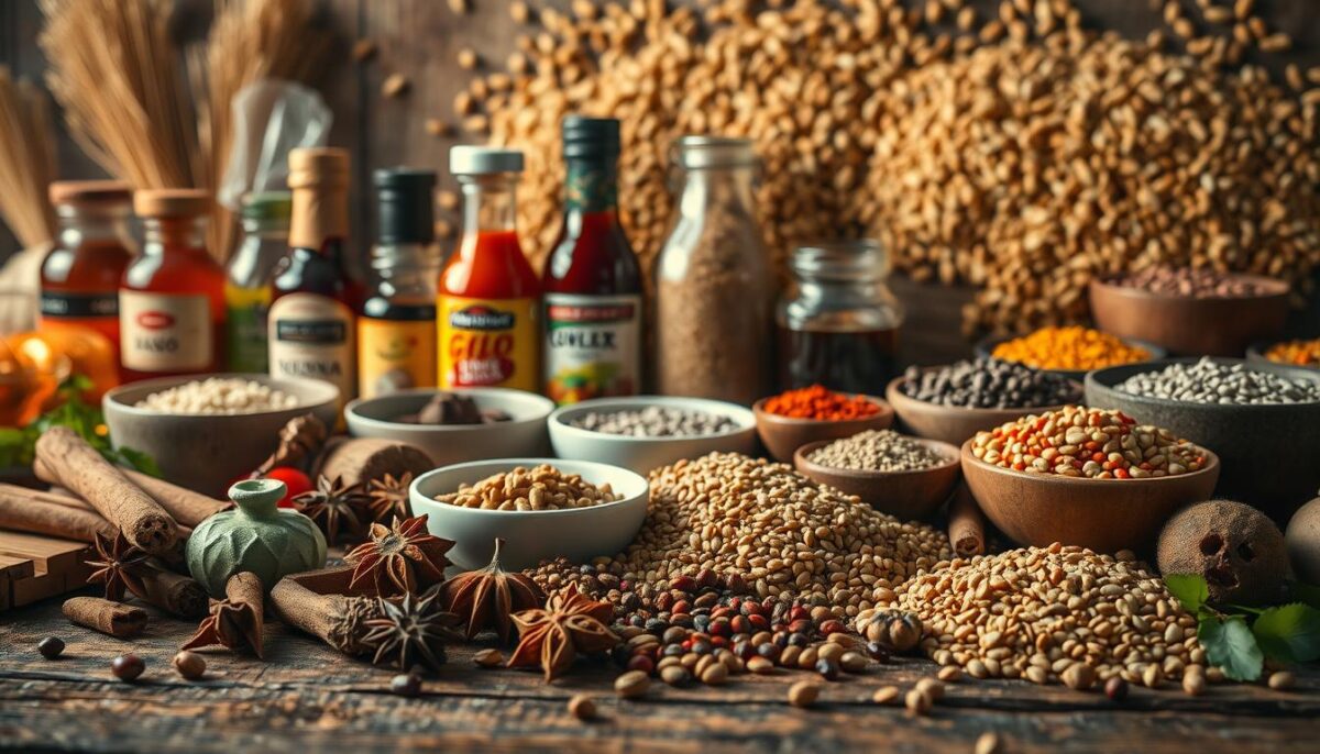 A vibrant and visually striking still life capturing the essence of global pantry staples. In the foreground, an assortment of whole spices, herbs, and aromatic ingredients like cardamom pods, cinnamon sticks, star anise, and whole peppercorns artfully arranged on a rustic wooden surface. In the middle ground, a variety of international condiments, sauces, and pastes such as miso, soy sauce, harissa, and gochujang in elegant glass jars and ceramic bowls. In the background, a selection of whole grains, legumes, and seeds like quinoa, millet, lentils, and chia cascading across the frame, creating a sense of abundance and diversity. The lighting is warm and natural, casting a golden glow over the scene and highlighting the rich colors and textures of the ingredients. The overall mood is one of culinary exploration, cultural exchange, and the endless possibilities of global flavors.