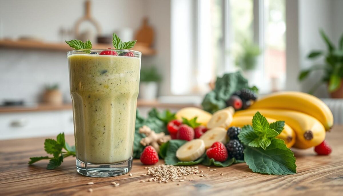 A vibrant, appetizing smoothie scene with a foreground featuring a glass filled with a creamy, blended concoction of fresh fruit, leafy greens, and soothing herbs like ginger and mint. In the middle ground, an arrangement of the smoothie ingredients - ripe bananas, berries, leafy kale, and a sprinkling of ground flaxseeds - artfully positioned on a rustic wooden table. The background showcases a light-filled, minimalist kitchen interior with white walls and natural wood accents, evoking a calming, nurturing atmosphere. Soft, even lighting gently illuminates the scene, highlighting the vibrant colors and textures of the healthy, stomach-soothing smoothie.