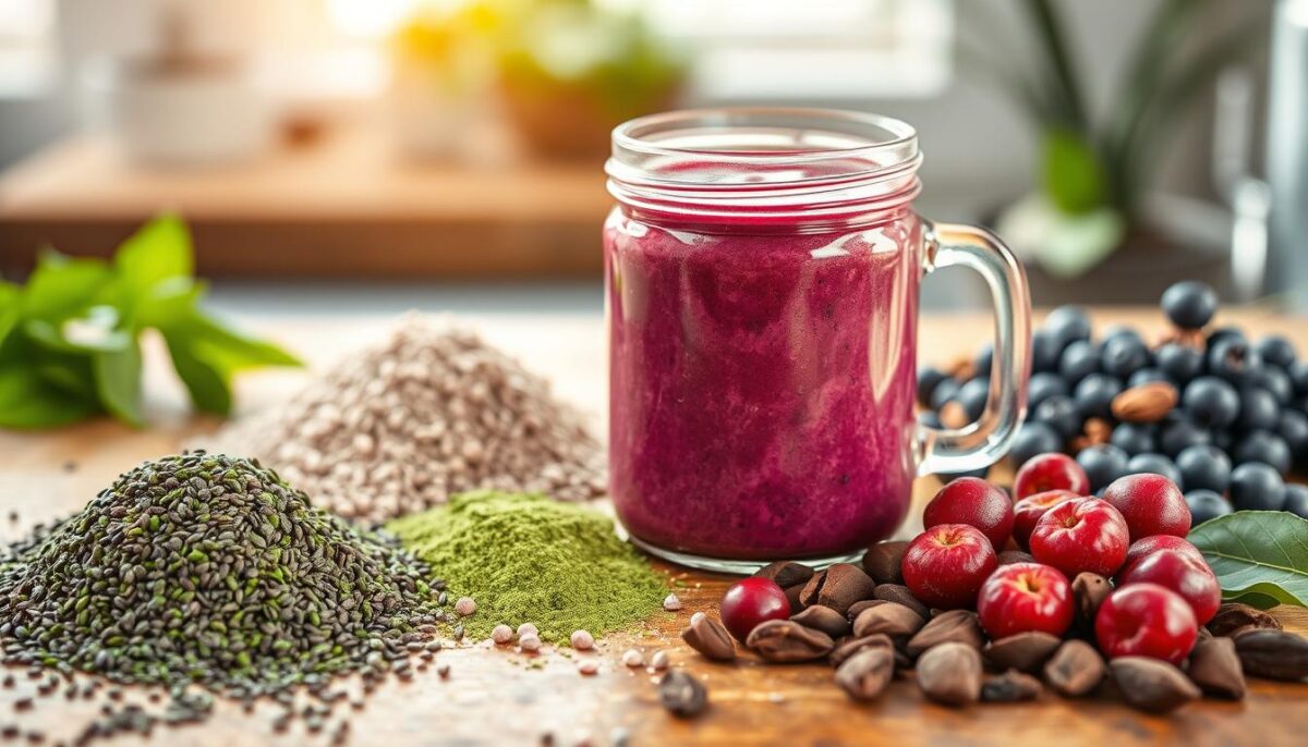 A vibrant arrangement of superfood smoothie boosters, bathed in soft, natural lighting. In the foreground, an array of dynamic ingredients - chia seeds, spirulina powder, acai berries, and cacao nibs - artfully scattered on a rustic wooden table. The middle ground features a glass jar filled with a rich, creamy smoothie, its vibrant hues complementing the vibrant superfoods. The background is softly blurred, allowing the focus to remain on the nourishing and power-packed display. The overall mood is one of health, vitality, and wholesome indulgence, inviting the viewer to envision the transformative effects of these superfood additions to a soothing digestive-supportive smoothie.