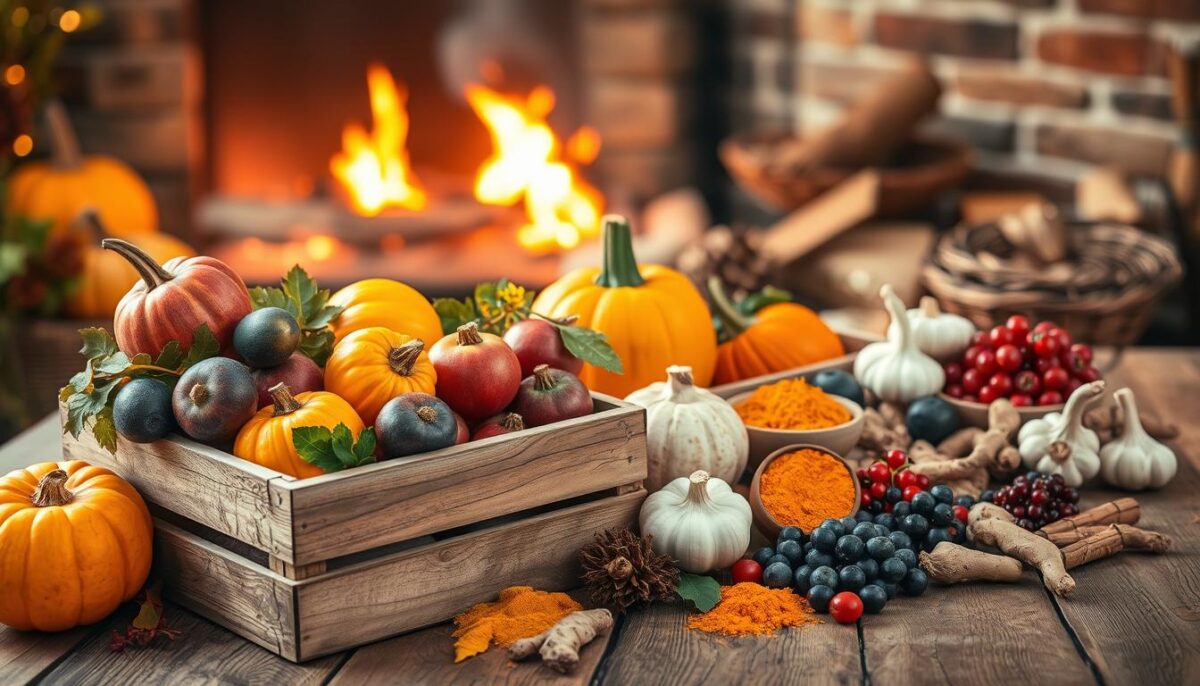 A vibrant autumn still life featuring an array of immune-boosting superfoods. In the foreground, a wooden crate overflows with fresh pumpkins, figs, pomegranates, and other seasonal fruits and vegetables. The middle ground showcases a variety of superfoods like turmeric, ginger, garlic, and berries arranged artfully on a rustic wooden table. In the background, a cozy fireside scene with warm, golden lighting sets a peaceful, nourishing atmosphere. The composition is balanced and natural, highlighting the rich colors and textures of these nutrient-dense autumn ingredients.