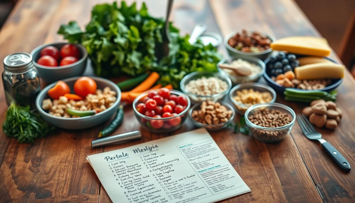 A vibrant, carefully curated meal plan laid out on a rustic wooden table, with fresh ingredients and healthy meal options arranged in an appealing, customized layout. The foreground features a personalized menu with handwritten notes and adjustments, while the middle ground showcases a variety of nutrient-rich foods like fruits, vegetables, grains, and lean proteins. The background has a soft, warm lighting that creates a comforting, restorative atmosphere, conveying the idea of a thoughtfully designed recovery meal plan tailored to individual needs.