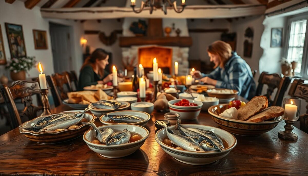 A vibrant celebration of Swedish pickled herring, set against a cozy, rustic backdrop. In the foreground, an ornate wooden table is laden with ceramic dishes filled with glistening, brined fish, accompanied by crusty bread, creamy potatoes, and a selection of traditional condiments. Candles flicker, casting a warm, golden glow over the scene. In the middle ground, a group of friends and family are gathered, laughing and sharing stories as they savor the delectable flavors. The background features a charming, rural Swedish interior, with exposed beams, whitewashed walls, and a crackling fireplace, evoking a sense of timeless tradition and cherished culinary heritage.