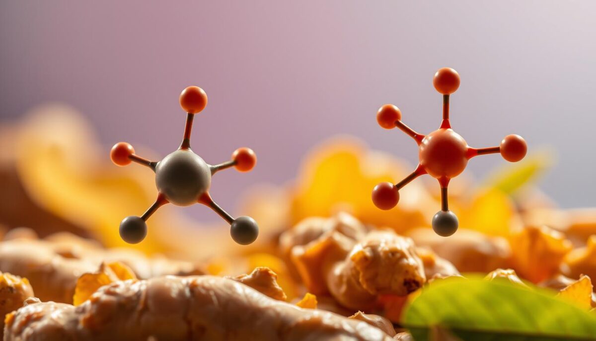 A vibrant close-up of ginger's key bioactive compounds, captured with a crisp macro lens and dramatic studio lighting. In the foreground, the intricate molecular structures of gingerol, shogaol, and zingerone stand out in bold relief, their unique shapes and colors revealing the source of ginger's potent medicinal properties. In the middle ground, a lush, textured background of ginger rhizomes and leaves provides context, while the background fades into a soft, ethereal gradient, creating a sense of focus and depth. The overall mood is one of scientific precision and natural wonder, inviting the viewer to delve deeper into the complex chemistry that makes ginger such a remarkable natural remedy.