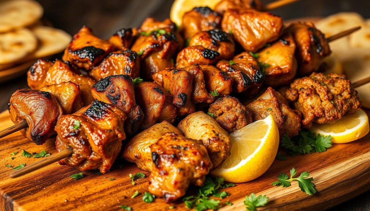 A vibrant, close-up scene of freshly grilled Iranian-style skewers sizzling over an open flame. The shiny, marinated kebabs of tender lamb, chicken, and seasoned ground meat glisten with juices, charred to perfection. Aromatic spices, such as sumac, saffron, and turmeric, lend a rich, earthy hue. The skewers are arranged artfully on a rustic wooden board, complemented by a scattering of fresh herbs, lemon wedges, and a background of crisp flatbread. Diffused, golden light casts a warm, inviting glow, capturing the essence of authentic Persian cuisine.