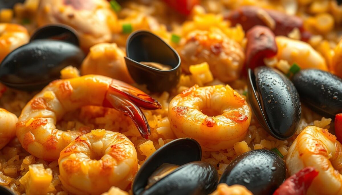 A vibrant, close-up view of various protein-rich ingredients in a classic Spanish paella dish. In the foreground, juicy seared shrimp, tender morsels of chicken, and plump mussels glisten under a warm, hazy light. In the middle ground, short-grain Bomba rice mingles with saffron-infused broth, creating a rich, earthy foundation. The background features finely chopped onions, garlic, and paprika-dusted chorizo, hinting at the depth of flavor. The scene is captured with a shallow depth of field, drawing the viewer's eye to the intricate textures and colors of the paella's key components. An inviting, mouthwatering composition that captures the essence of adaptable, homemade Spanish cuisine.