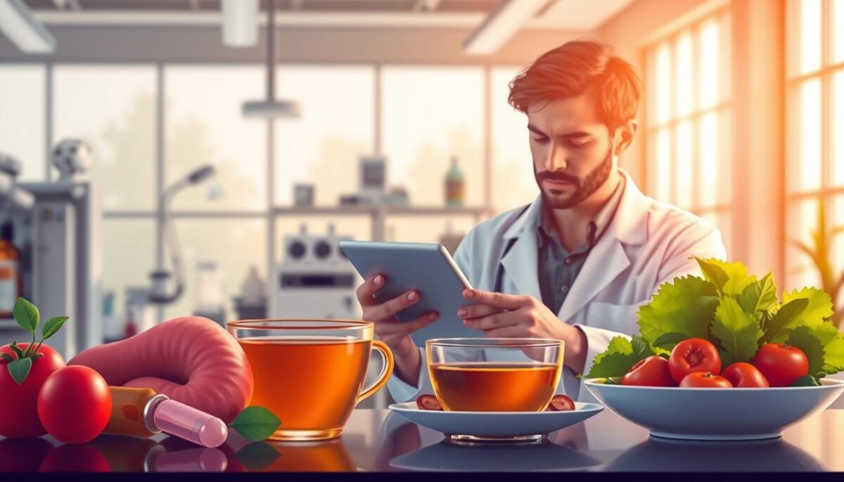 A vibrant, detailed illustration of expert digestion tips. In the foreground, a set of healthy digestive system icons - a probiotic capsule, a soothing herbal tea cup, and a plate of fresh vegetables. In the middle ground, a pensive figure in a lab coat examines a tablet display, deep in thought. The background is a softly blurred scene of a modern, well-equipped medical research lab, bathed in warm, natural lighting from large windows. The overall mood is one of informed calm and professionalism, conveying the expertise and care needed for optimal digestive health recovery.