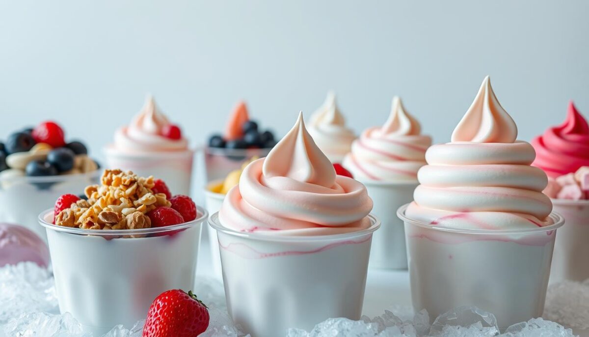 A vibrant display of frozen yogurt variations, captured in a crisp, well-lit scene. In the foreground, an array of tempting toppings - fresh berries, crushed nuts, and swirls of colorful sauces - adorn the smooth, creamy yogurt cups. The middle ground showcases the frozen treats themselves, their icy surfaces glistening under soft, diffused lighting, creating a refreshing and appetizing atmosphere. In the background, a clean, minimalist backdrop allows the delectable desserts to take center stage, inviting the viewer to indulge in these guilt-free, flavorful alternatives to traditional ice cream.