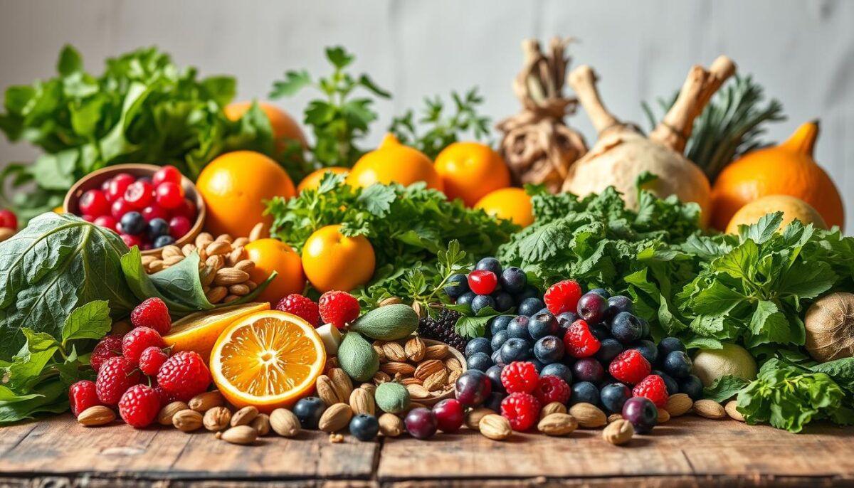 A vibrant, high-resolution image showcasing an array of nutrient-dense superfoods arranged in a visually appealing still life composition. In the foreground, a variety of leafy greens, colorful berries, and crunchy nuts are displayed on a rustic wooden surface, bathed in warm, natural lighting. In the middle ground, a selection of aromatic herbs, vibrant citrus fruits, and earthy roots provides depth and visual interest. The background features a clean, minimalist backdrop that allows the superfoods to take center stage, conveying a sense of freshness and vitality. The image should inspire a feeling of nourishment and well-being, capturing the essence of the "Nutrient-Dense Superfoods: Boosting Digestion Naturally" section of the article.