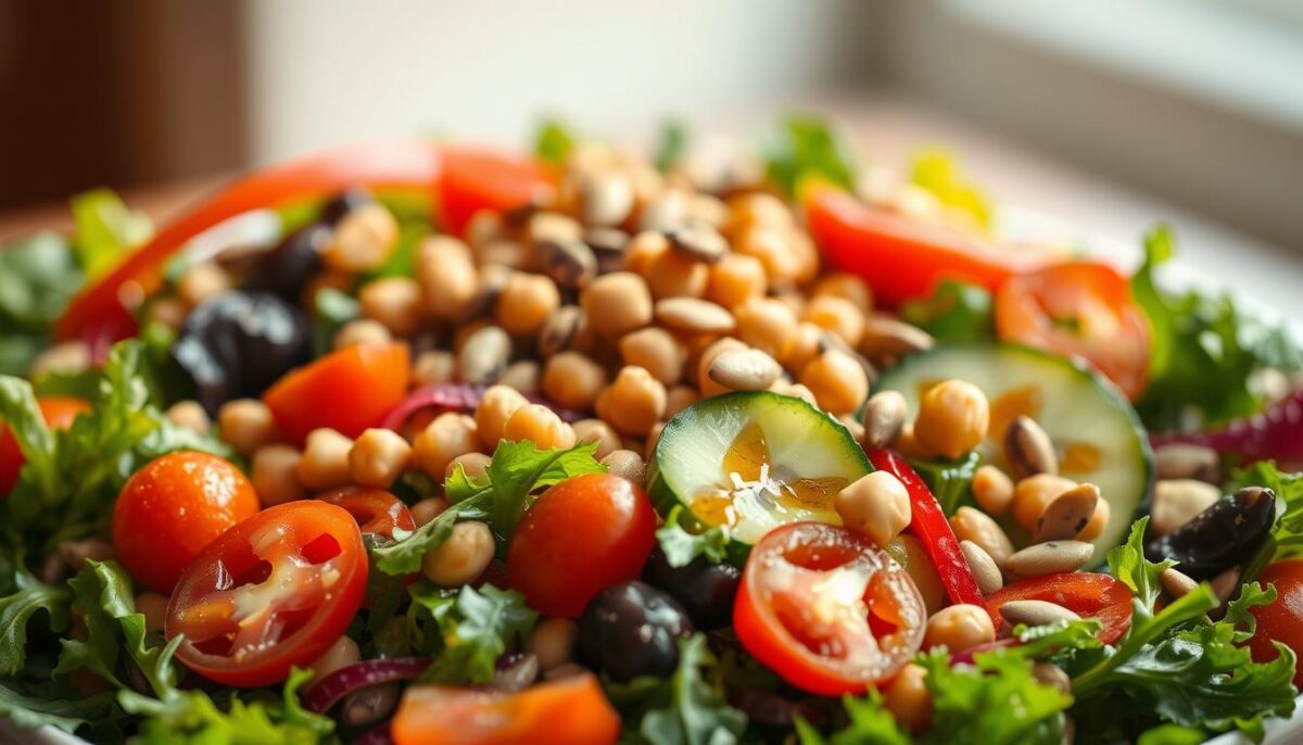 A vibrant, nutrient-dense salad overflowing with a colorful array of fresh ingredients. In the foreground, a bed of crisp mixed greens drizzled with a tangy vinaigrette, accented by juicy cherry tomatoes, crunchy cucumber slices, and vibrant slivers of red bell pepper. In the middle ground, a scattering of protein-rich chickpeas and toasted pumpkin seeds, adding texture and depth. The background features a soft, muted bokeh effect, drawing the eye to the lush, inviting salad. Warm, natural lighting casts a gentle glow, highlighting the salad's appealing freshness and vitality. The overall composition conveys a sense of wholesome, homemade goodness - a healthy and satisfying "smart salad" makeover.