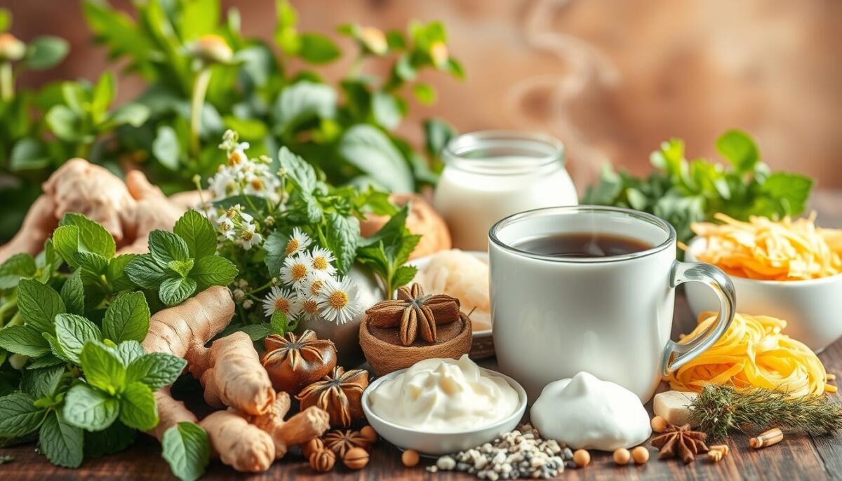 A vibrant still life composition depicting an assortment of natural remedies for digestive health. In the foreground, an array of fresh herbs and spices including ginger, peppermint, fennel, and chamomile are arranged artfully. In the middle ground, probiotic-rich foods like yogurt, kefir, and sauerkraut are displayed alongside a steaming mug of herbal tea. The background features lush greenery and earthy tones, conveying a sense of nourishment and vitality. The lighting is soft and natural, highlighting the textures and colors of the various ingredients. The overall atmosphere is one of holistic wellness and balance, inviting the viewer to explore the power of nature's remedies for improved digestion.