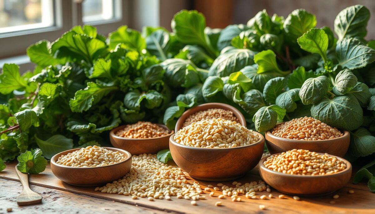 A vibrant still life composition featuring an assortment of wholesome whole grains and fresh leafy greens. In the foreground, an earthy wooden table is adorned with a variety of grains such as brown rice, quinoa, and barley, artfully arranged in small bowls. Leafy greens such as kale, spinach, and chard cascade across the scene, their vibrant hues creating a lush, verdant backdrop. Warm, natural lighting filters in from a window, casting a soft glow over the ingredients and highlighting their textures and nuances. The overall mood is one of nourishment, simplicity, and the beauty of wholesome, unprocessed foods.