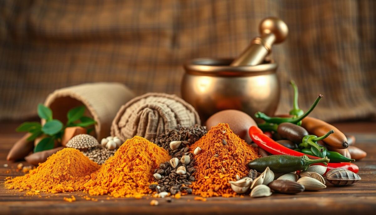 A vibrant still life composition of various Cape Malay spices, showcasing the cultural heritage and diverse flavors of South African cuisine. In the foreground, an assortment of whole and ground spices, including turmeric, cumin, coriander, cardamom, and chili peppers, are arranged neatly on a wooden surface. The middle ground features a copper or brass mortar and pestle, hinting at the traditional methods of grinding and blending these aromatic ingredients. In the background, a richly textured, earthy-toned fabric or woven mat provides a warm, authentic backdrop, evoking the artisanal and artisanal nature of South African culinary traditions. The lighting is soft and directional, casting gentle shadows and highlighting the intricate details and vibrant colors of the spices. The overall mood is one of cultural heritage, culinary craftsmanship, and the inviting aromas of South African cuisine.
