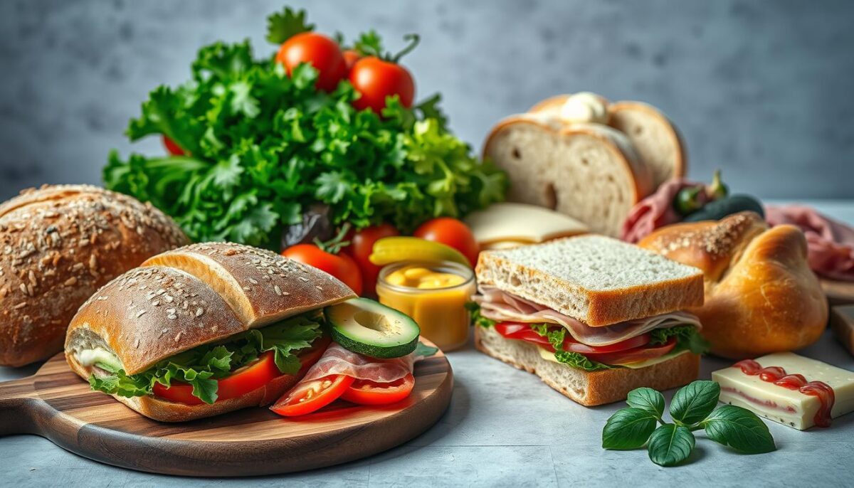 A vibrant still life composition showcasing fresh, high-quality ingredients for delectable sandwiches. In the foreground, a wooden board displays an array of artisan breads, from hearty whole grain to soft, pillowy brioche. Arranged neatly beside them are crisp, leafy greens, juicy tomatoes, creamy avocado slices, and savory cured meats. The middle ground features a mix of textures, with crunchy pickles, tangy mustard, and rich, melty cheese. Soft, diffused lighting bathes the scene, highlighting the appetizing colors and natural textures of the ingredients. The overall mood is one of wholesome, nutritious simplicity, perfect for crafting quick, wholesome meals.