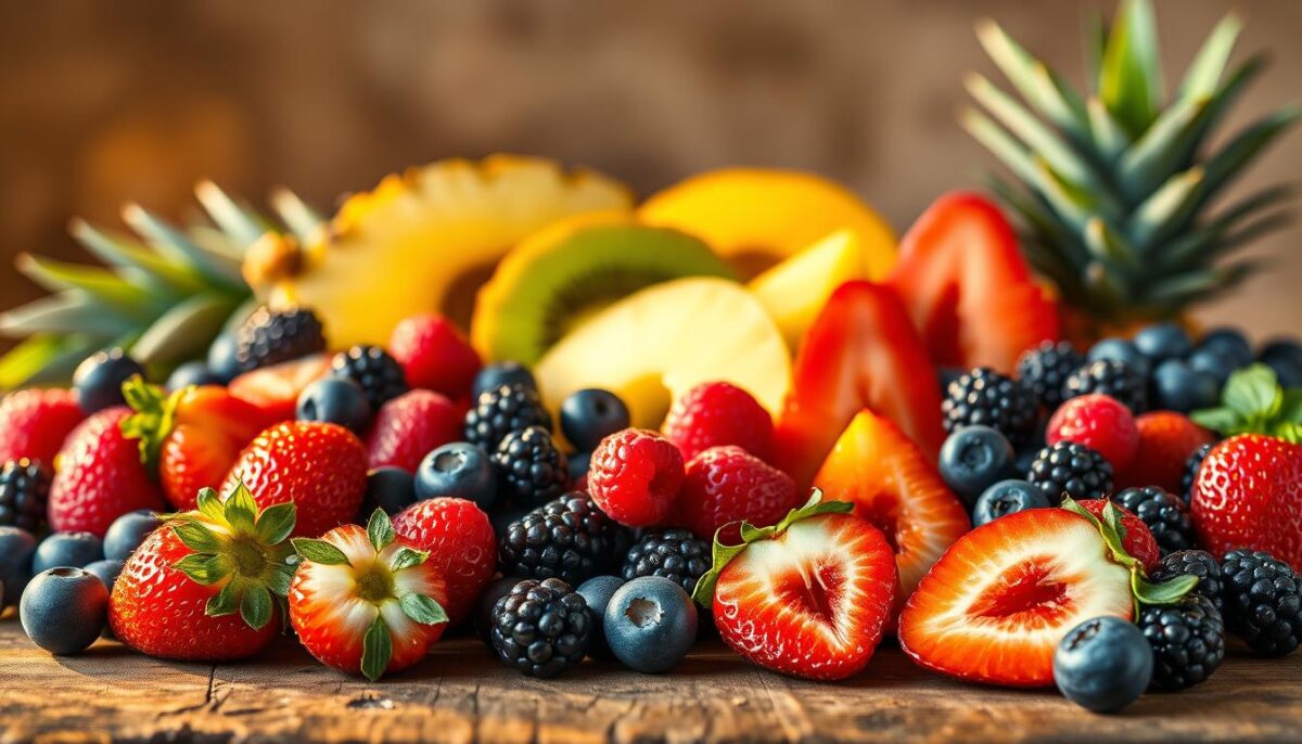A vibrant still life featuring an assortment of fresh, juicy berries and tropical fruits. In the foreground, an array of succulent strawberries, blueberries, raspberries, and blackberries are artfully arranged on a rustic wooden surface, catching the warm golden rays of soft, natural lighting. In the middle ground, lush slices of pineapple, kiwi, and mango add pops of vibrant color and texture, creating a harmonious composition. The background is hazy and blurred, allowing the vibrant produce to take center stage. The overall mood is one of freshness, vitality, and indulgence, perfectly capturing the essence of a delightful low-calorie dessert.