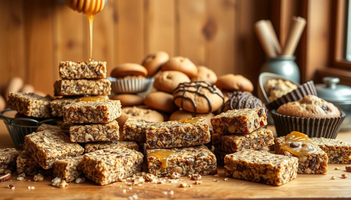 A vibrant still life of various homemade snack bars and treats set against a warm, rustic backdrop. In the foreground, an artful arrangement of granola bars, energy bites, and nut-based bars in earthy tones and textures. In the middle ground, an assortment of freshly baked cookies, muffins, and scones, some drizzled with honey or chocolate. The background features a wood-paneled surface, perhaps a kitchen counter or farmhouse table, with soft, natural lighting filtering in from a nearby window. The overall mood is inviting, wholesome, and slightly indulgent, capturing the essence of satisfying yet healthier dessert alternatives.
