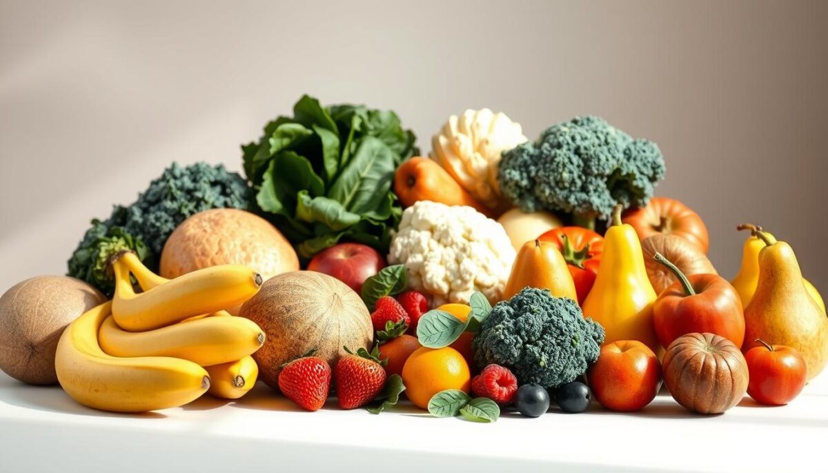 A vibrant still life scene of an assortment of GERD-friendly fruits and vegetables. In the foreground, a variety of fruits such as bananas, melons, and pears are arranged with care, their colors and shapes creating a harmonious composition. In the middle ground, leafy greens like spinach and kale, as well as gentle cruciferous vegetables like broccoli and cauliflower, are positioned to complement the fruit. The background features a soft, neutral-toned backdrop, allowing the produce to be the focal point. The lighting is natural and diffused, casting a warm, inviting glow over the scene. The overall atmosphere is one of freshness, health, and a sense of culinary potential for those dealing with acid reflux.
