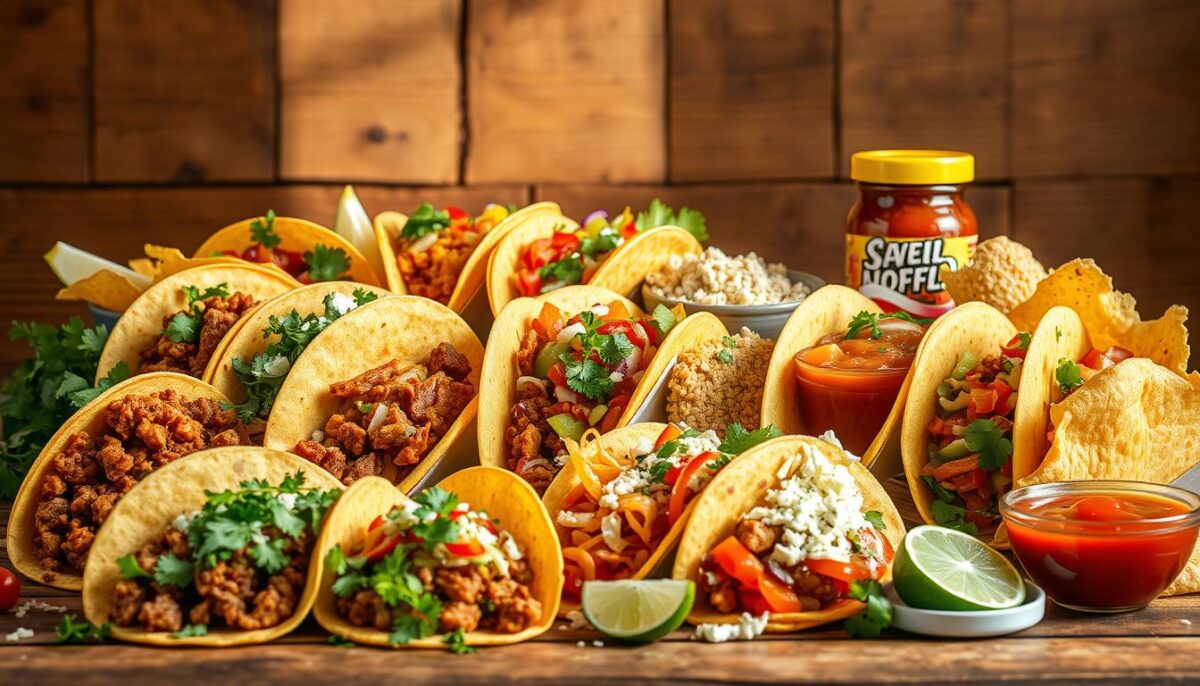 A vibrant still life scene of creative and mouthwatering taco variations. In the foreground, an assortment of taco shells in diverse shapes and textures, ranging from traditional corn tortillas to crunchy taco bowls and soft flour wraps. Nestled inside are a variety of fillings, from spicy chorizo and tender carnitas to colorful diced vegetables and tangy pickled onions. In the middle ground, garnishes and accompaniments such as fresh cilantro, crumbled queso fresco, zesty lime wedges, and a variety of salsas in bold hues. The background features a rustic wood surface, casting a warm, earthy glow over the scene, complemented by natural light filtering in from the side. The overall mood is one of culinary creativity, capturing the vibrant flavors and textures of homemade Mexican tacos.