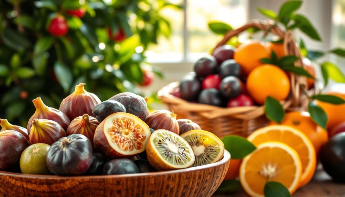 A vibrant still life scene of various ripe and juicy fruits known to help relieve constipation. In the foreground, a selection of figs, prunes, and kiwis arranged in a rustic wooden bowl, bathed in warm, natural lighting. In the middle ground, a cluster of sweet oranges and plums spilling out of a woven basket. The background features lush, verdant foliage and a hint of a sun-dappled window, creating a serene, inviting atmosphere. The colors are rich and vibrant, capturing the nutritious and beneficial properties of these constipation-relieving fruits.