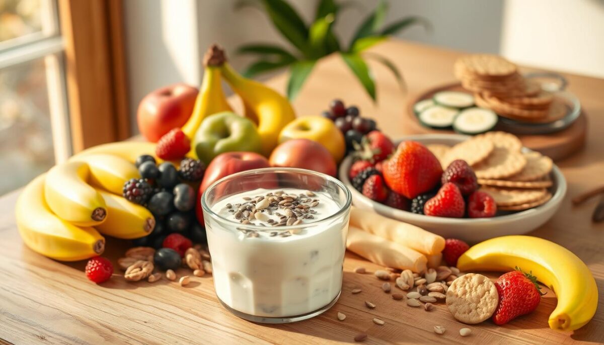 A vibrant, still-life scene showcasing an assortment of GERD-friendly snacks on a natural wood table. In the foreground, a selection of fresh fruits like bananas, apples, and berries are arranged artfully. Middle ground features plain Greek yogurt with a sprinkle of chia seeds, alongside a handful of unsalted nuts and seeds. In the background, a platter of whole-grain crackers and sliced cucumber rounds subtly enhances the balanced, nutritious display. Soft, natural lighting from a nearby window casts a warm, comforting glow over the scene, highlighting the vibrant colors and textures of the wholesome snacks. The overall composition emphasizes the benefits of smart snacking for GERD management - nourishing, low-acid options that can help alleviate symptoms.