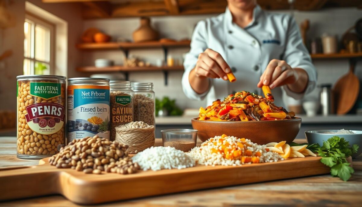 A vibrant still life showcasing a creative meal transformation. In the foreground, a wooden cutting board displays an array of everyday pantry staples - canned beans, dried pasta, rice, and spices. Soft, natural lighting from the side illuminates the textures and colors, casting subtle shadows. In the middle ground, a chef's hands skilfully assemble the ingredients into a delectable dish, elevating the humble ingredients into an impressive meal. The background features a rustic kitchen setting, with exposed beams, weathered shelves, and a glimpse of a window, conveying a cozy, homey atmosphere. The overall scene exudes a sense of culinary inspiration, demonstrating the versatility and potential of common pantry staples.