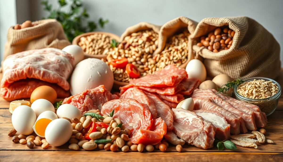 A vibrant still life showcasing a variety of affordable, high-protein foods. In the foreground, a selection of lean meats, eggs, and legumes artfully arranged on a wooden table. In the middle ground, a medley of nuts, seeds, and grains spilling from burlap sacks. The background features a simple, natural-lit setting, with a subtle hint of greenery to suggest freshness and sustainability. The overall composition evokes a sense of wholesome, budget-friendly nutrition, captured with a warm, inviting tone and a touch of rustic charm.