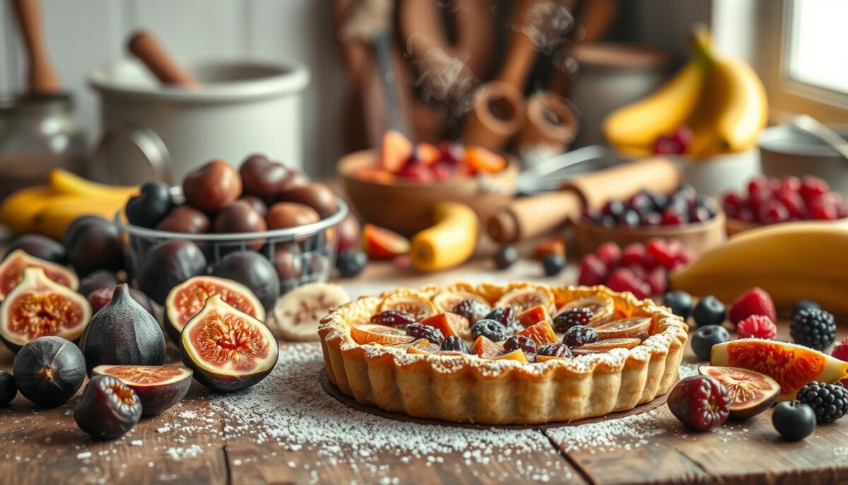 A vibrant still life showcasing an array of creative fruit-based baking recipes. In the foreground, a rustic wooden table is adorned with an artful display of sliced and whole fruits, including figs, bananas, dates, and berries. Delicate wisps of steam rise from a freshly baked fruit tart, its golden crust complemented by a dusting of powdered sugar. In the middle ground, various baking implements, such as a whisk, rolling pin, and mixing bowls, hint at the process of experimentation and culinary innovation. The background is softly lit, capturing the warm, inviting atmosphere of a cozy kitchen. The overall mood conveys a sense of natural sweetness, texture, and the joy of baking with wholesome, flavorful ingredients.